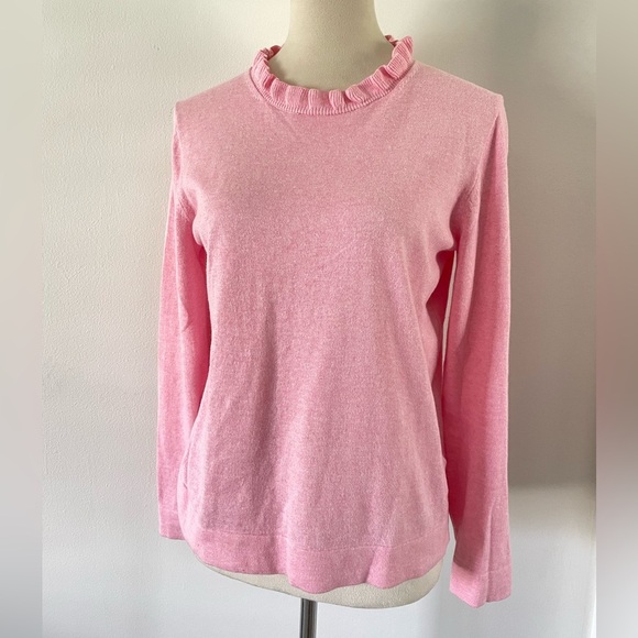 J Crew Ruffle Crew Neck Cotton Pink Long Sleeve Sweater Size S Preppy - Picture 1 of 7